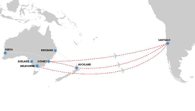 QANTAS flight path Sydney Melbourne to Santiago
