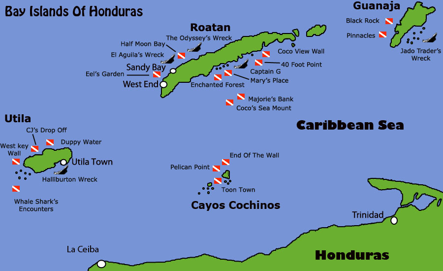 Map of snorkel spots Honduras. Map of snorkel spots Honduras.