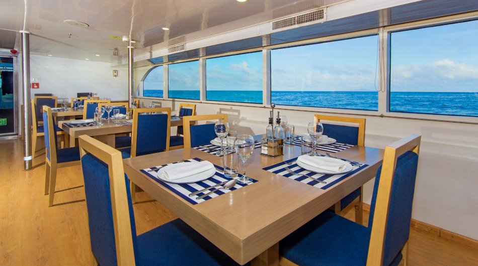 Dining room onboard Calipso Galapagos ship 