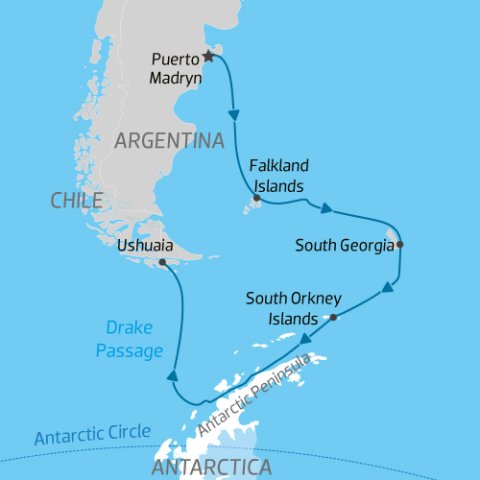cruise itinerary map from Argentina to Falkalnds, South Georgia & Antarctica