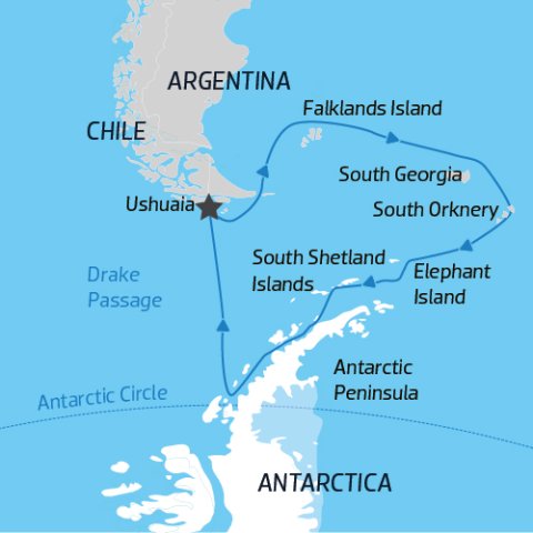 Map of Falklands, South Georgia, Elephant Island & Antarctic Circle voyage on the Hondius