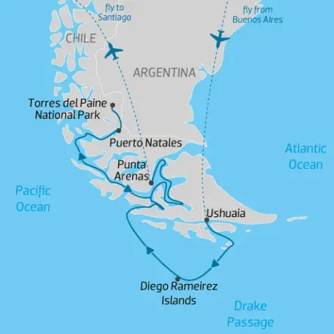 itinerary map of southern Patagonia cruise