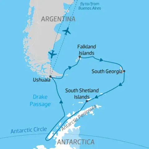 itinerary map for expedition cruise from South America to Falkland Islands, then to South Georgia to Antarctica