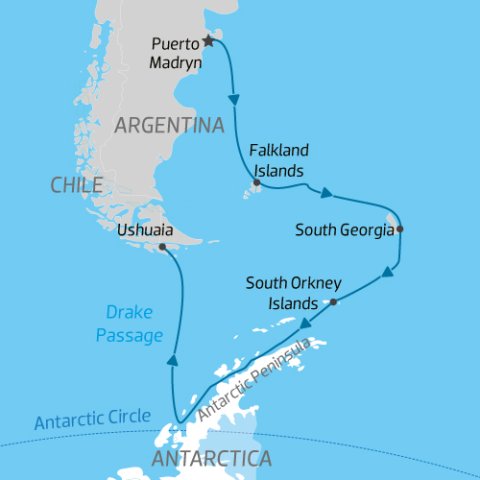 cruise itinerary map from Argentina to Falkalnds, South Georgia & Antarctica