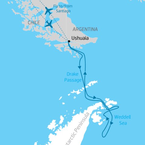 cruise itinerary map of Antarctica to Weddell Sea