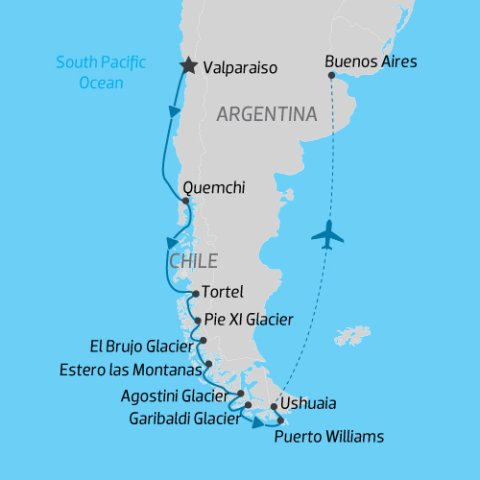 Cruise itinerary map of Chilean Patagonia and Argentina