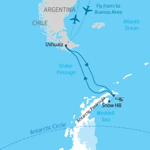 itinerary map for expedition cruise from South America to Snow Hill past the Antarctic Peninsula to the Weddell Sea