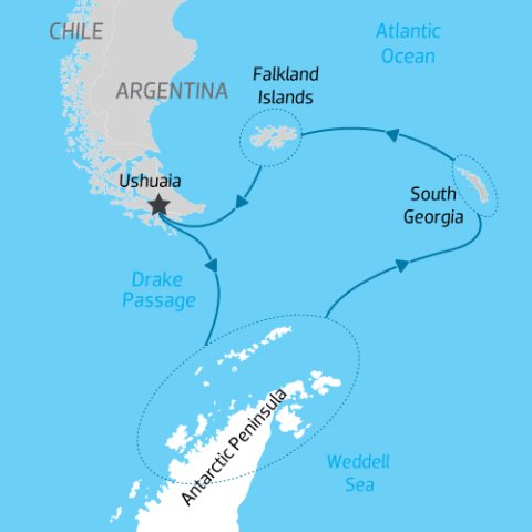 itinerary map for expedition cruise through Falkland Islands, South Georgia and Antarctica