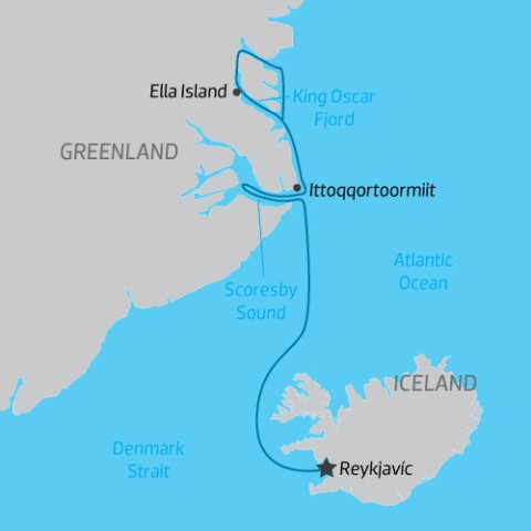 Arctic cruise itinerary map from Iceland to Northeast Greenland return