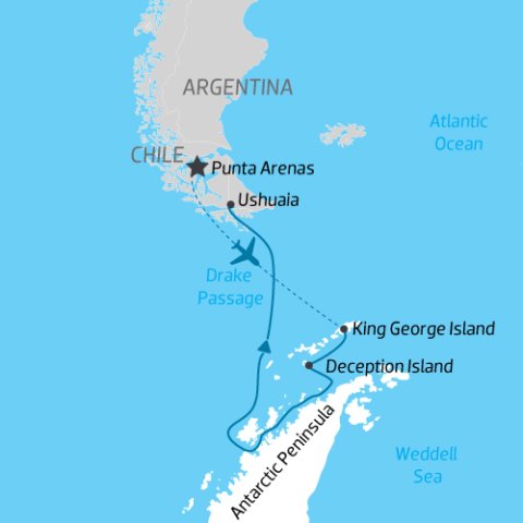 itinerary map for expedition flying south to Antarctica then cruising north to South America