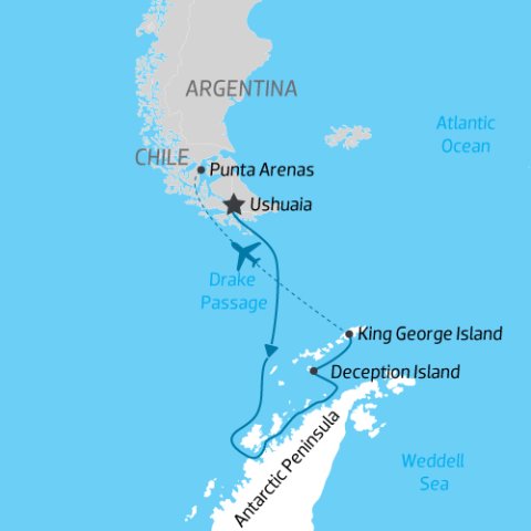 itinerary map for expedition cruising south to Antarctica then flying north to South America