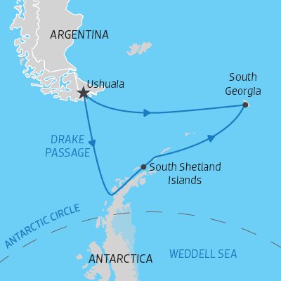 itinerary map for expedition cruise from South America to South Georgia Island then to Antarctica