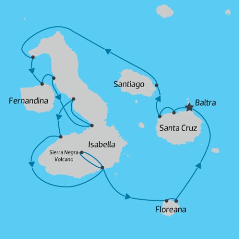 Western Islands cruise itinerary map on Galapagos Angel