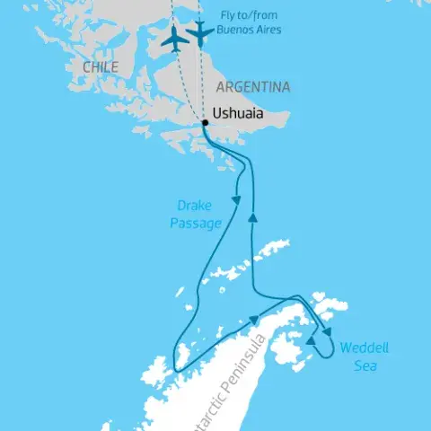 Cruise itinerary map of Antarctica