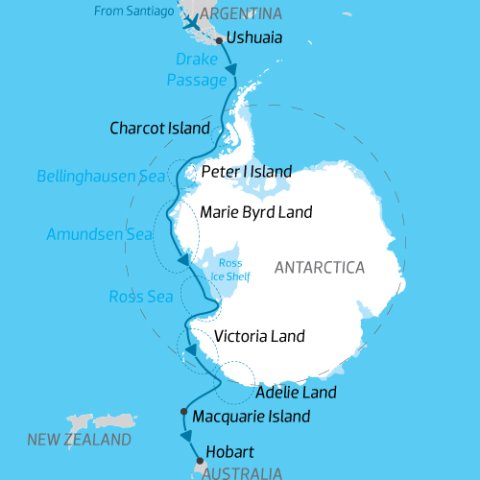 cruise itinerary map of Antarctica from South America to Australia