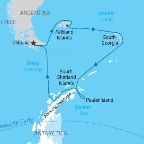 Falkland Islands, South Georgia and Antarctica Cruise Map