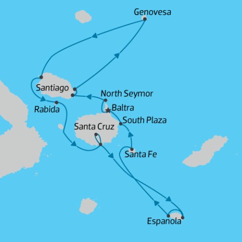 Central and South Islands cruise itinerary map, Galapagos Angel