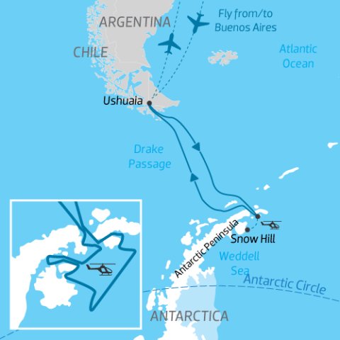 itinerary map for expedition cruise from South America to Snow Hill past the Antarctic Peninsula to the Weddell Sea