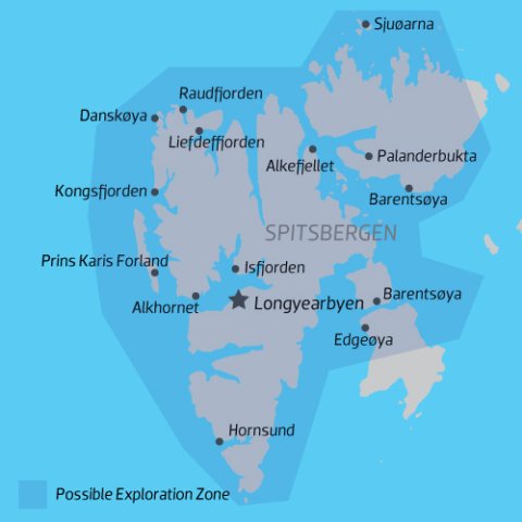 Map of Svalbard with region of exploration Highlighted
