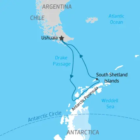 Cruise Itinerary Map from Ushuaia to Antarctic Peninsula back to Ushuaia