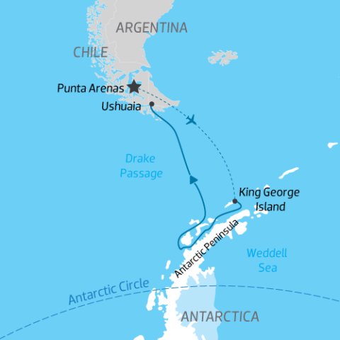 itinerary map for flying from South America to Antarctic Peninsula for expedition cruise