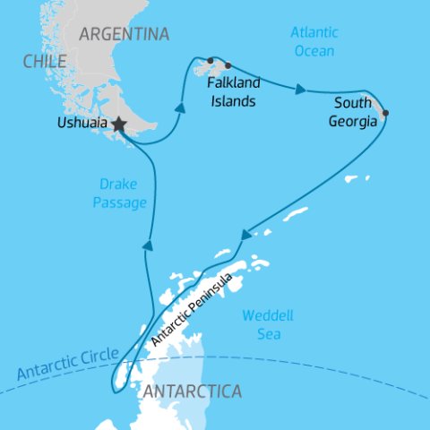 Map of Ultimate Antarctica Cruise itinerary