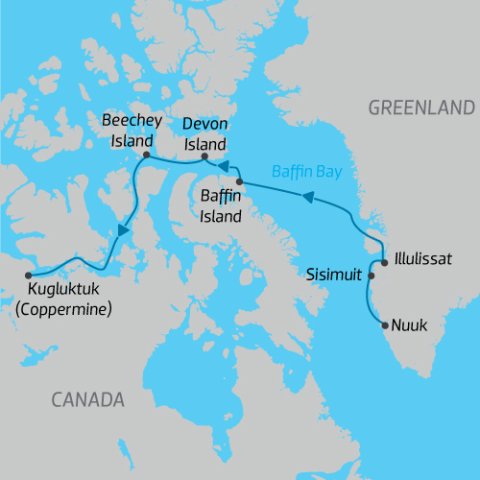 Arctic cruise itinerary from Greenland into NW Passage of Canadian Arctic