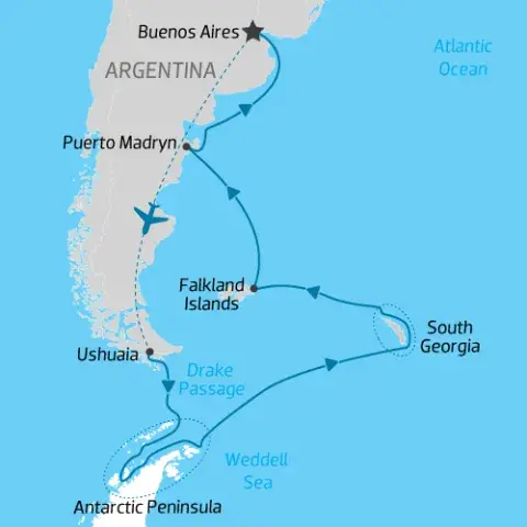 Cruise itinerary map of Antarctica South Georgia, Falklands and Argentina