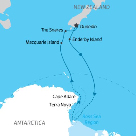 East Antarctica cruise itinerary map from New Zealand to Antarctica return