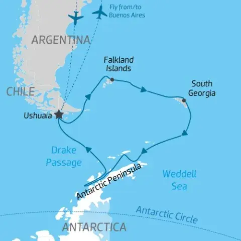 cruise itinerary map of Falklands, South Georgia & Antarctica back to Ushuaia