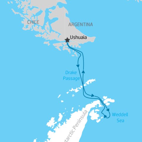 cruise itinerary map of Antarctica including the Weddell Sea