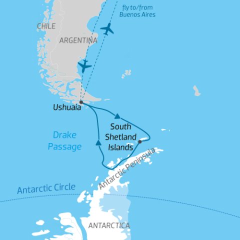 itinerary map for expedition cruise from South America to Antarctic Peninsula