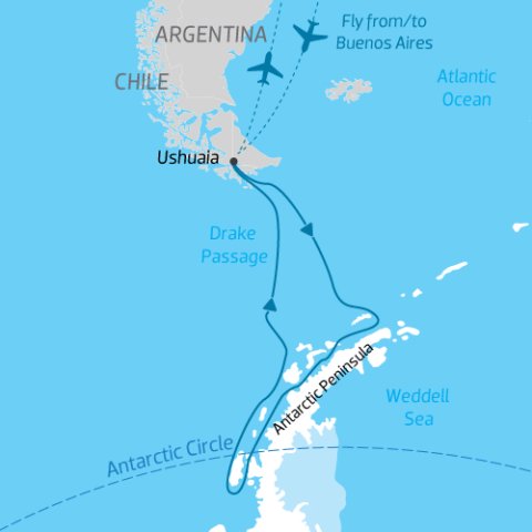 Map of Antarctic Peninsula: Crossing the Circle itinerary on the World Voyager