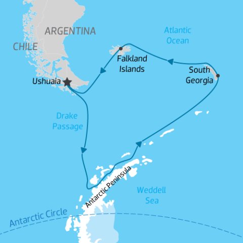 itinerary map for expedition cruise from South America to Antarctic