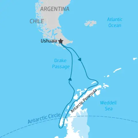 Map of Antarctica cruise itinerary crossing the Antarctic Circle and back to South America