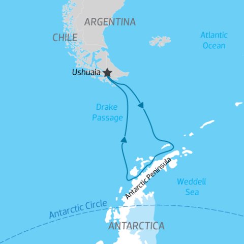 Cruise Itinerary Map from Ushuaia to Antarctic Peninsula back to Ushuaia