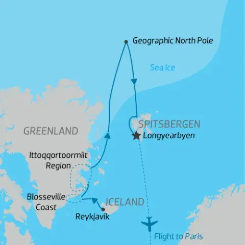 Map from Iceland to East Greenland to North Pole finishing in Spitsbergen