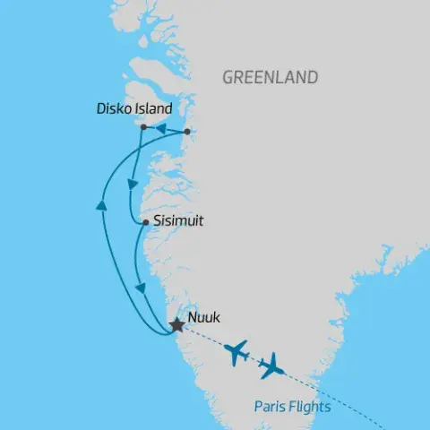 Tour map for Arctic Spring itinerary around West Greenland