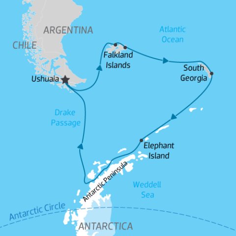 Cruise itinerary map from Ushuaia to Falkland Islands, South Georgia and Antarctica