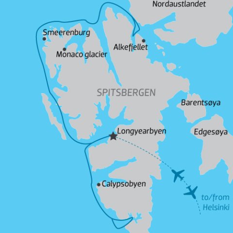 Arctic cruise itinerary map around western and northern Svalbard