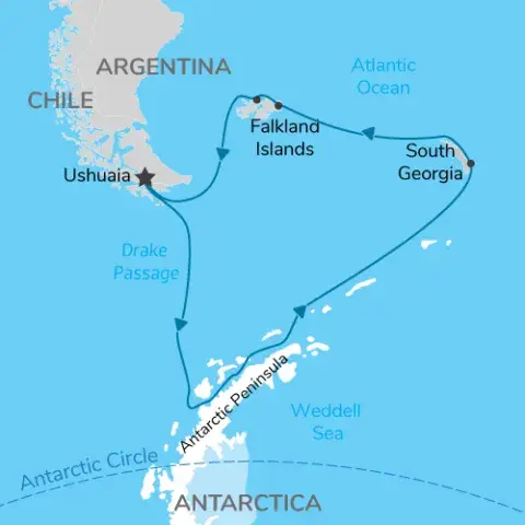 Cruise Itinerary Map from Ushuaia to Falklands, South Georgia and Antarctica back to Ushuaia