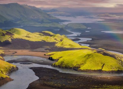 Aerial View of Iceland's volcanic terrain covered in moss